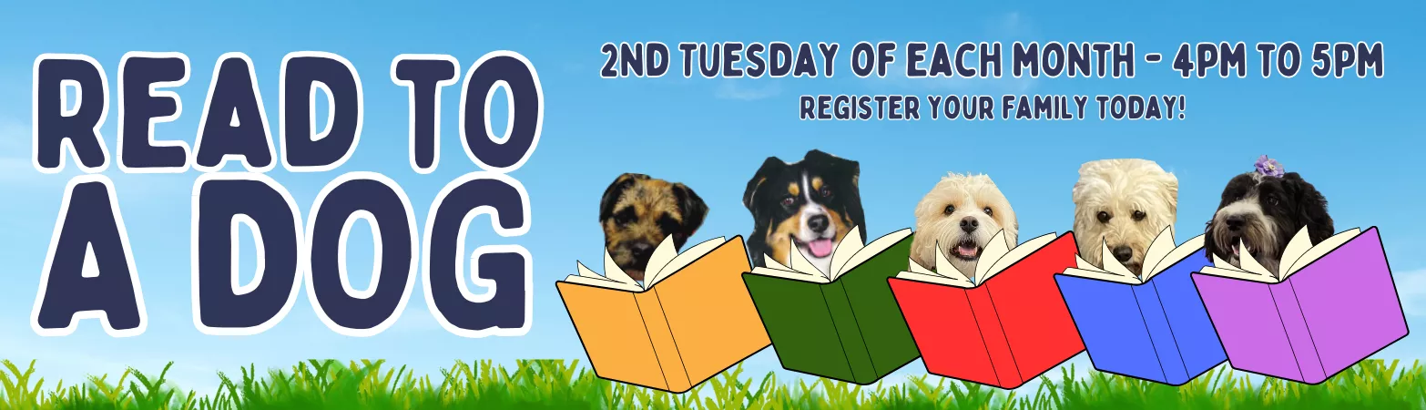 Read to a Dog, Therapy dogs reading books pictured